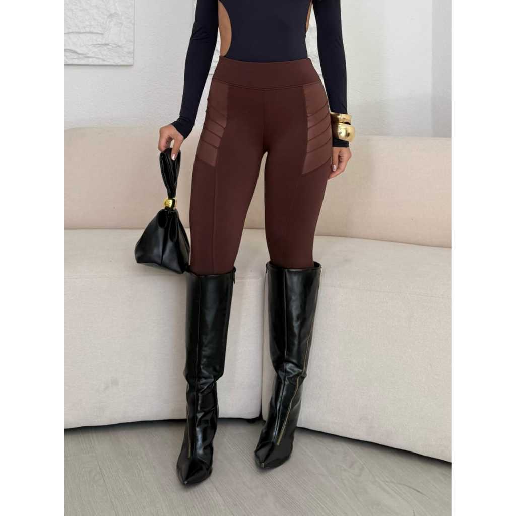 Calça Cirrê  Modeladora Feminina Preta Cintura Alta Slim Legging Roupa Suplex Montaria Roupa Moda Outono Inverno