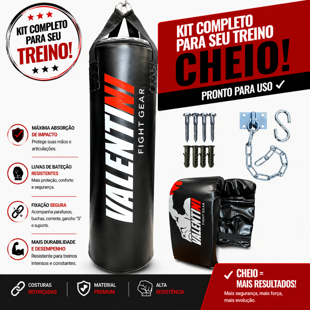 Saco de Pancada VALENTINI 70 cm CHEIO - Treino Boxe Muay Thai  + 1 PAR DE LUVA BATE SACO+ SUPORTE DE TETO