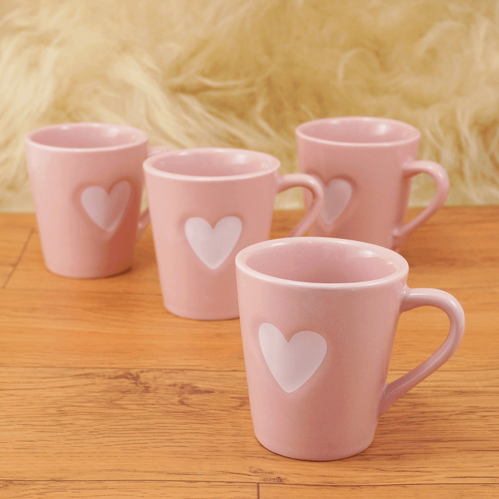 Kit 4 Xicaras Canecas Chá Café Porcelana 120 ml Rosa Coração Relevo Branco