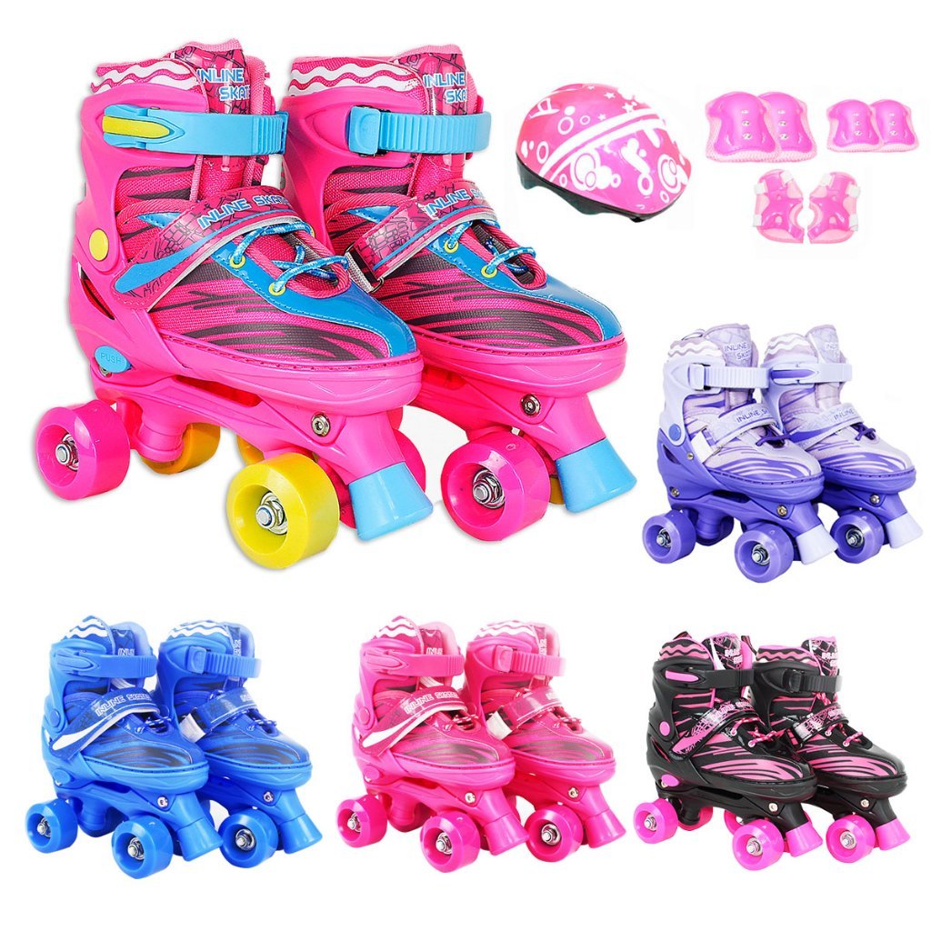 Patins Infantil 4 Rodas Roller Ajustável com Capacete Proteção