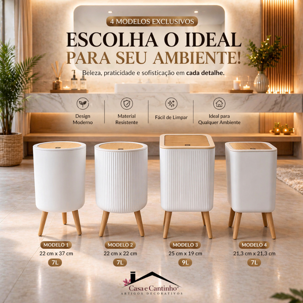 Lixeira De Plástico 7L Branca Quadrada Com Pés De Bambu Tampa Click De Pressão Cozinha Banheiro