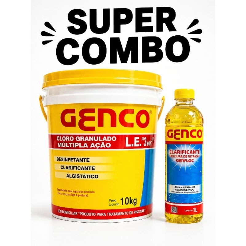Kit Cloro Genco 10kg 3 em 1 + Clarificante 1L Água Cristalina  Tratamento Completo Piscina