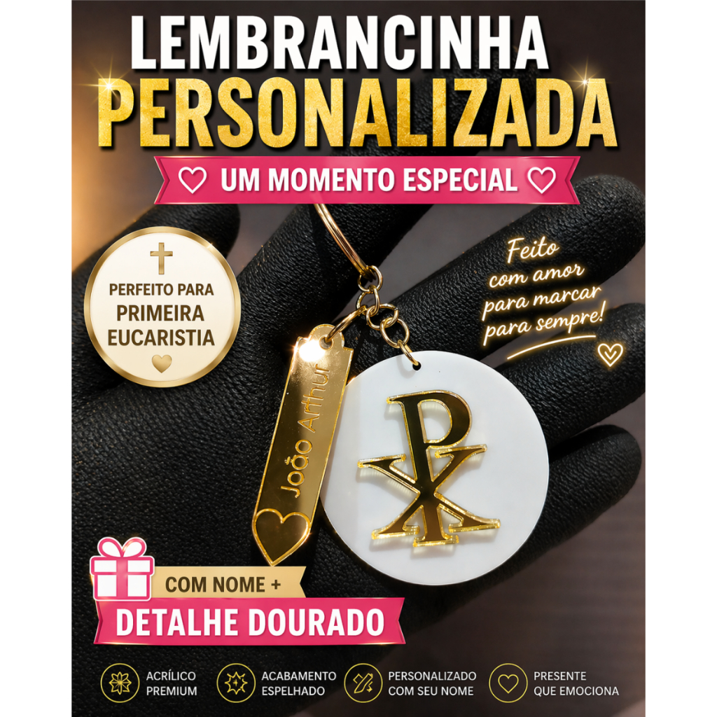 Chaveiro Personalizado Símbolo PX Dourado Lembrancinha Comunhão Primeira Eucaristia