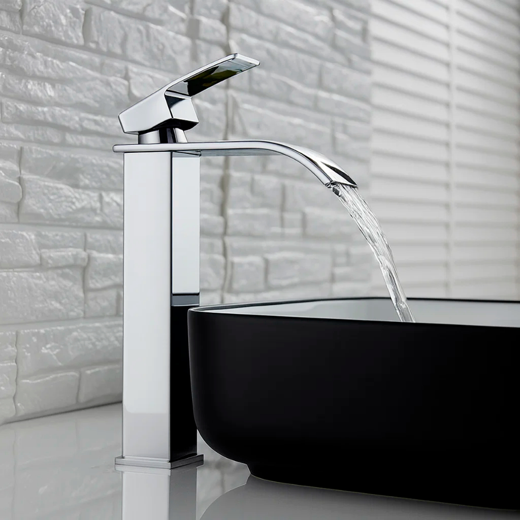 Torneira Banheiro Cascata Monocomando Alta Cromada Misturador Água Quente Fria Bica Alta Design Moderno Lavabo