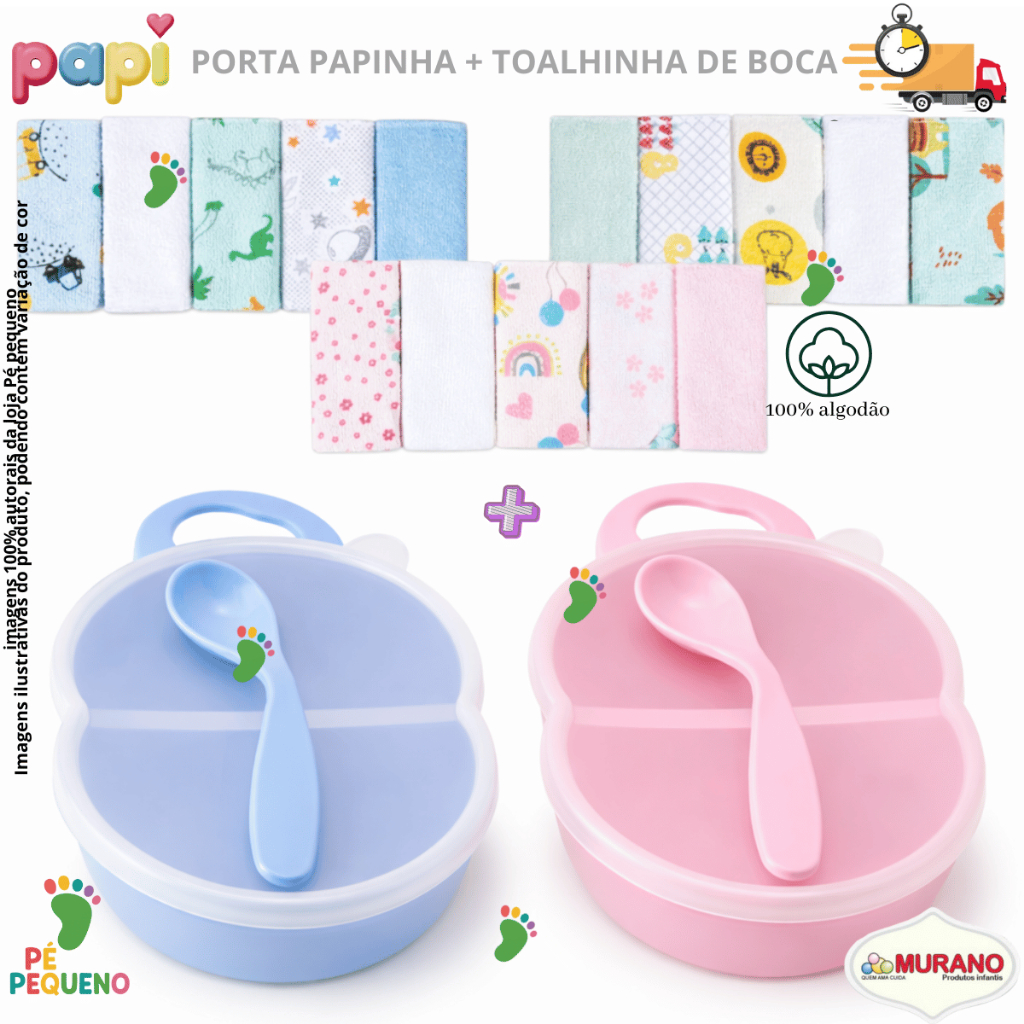 Kit  Porta Papinha Bebê + 5 Toalhinha de Boca 100% Algodão Papi Murano Enxoval de bebe Menina e Menino