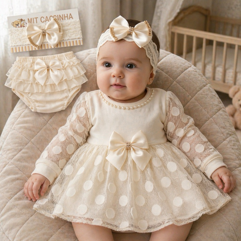 Conjunto 3 peças Vestido Bebê Menina Luxo Renda + Faixa laço cetim + Calcinha bunda rica 3 a 6 meses Festa Batizado
