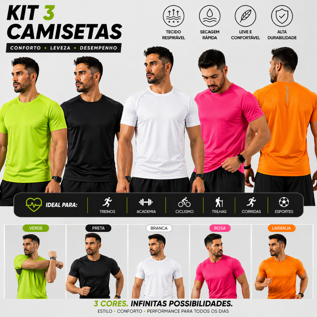 3 Camiseta Masculina Dry Fit Academia Fitness Não Esquenta Secagem Rápida Treino Corrida Confortável