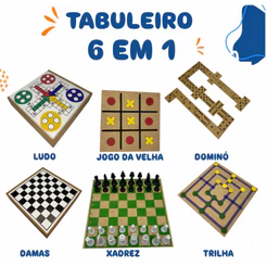 Jogo de Tabuleiro 6x1 Brinquedo em MDF Ludo, Dama, Trilha, Jogo da velha, Xadrez e Dominó