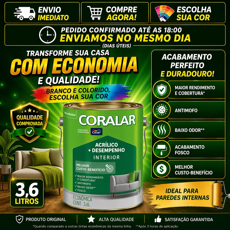 Tinta Acrílica Coralar Coral Fosca 3,6 Litros Lata Várias Cores Antimofo látex Cinza Branco