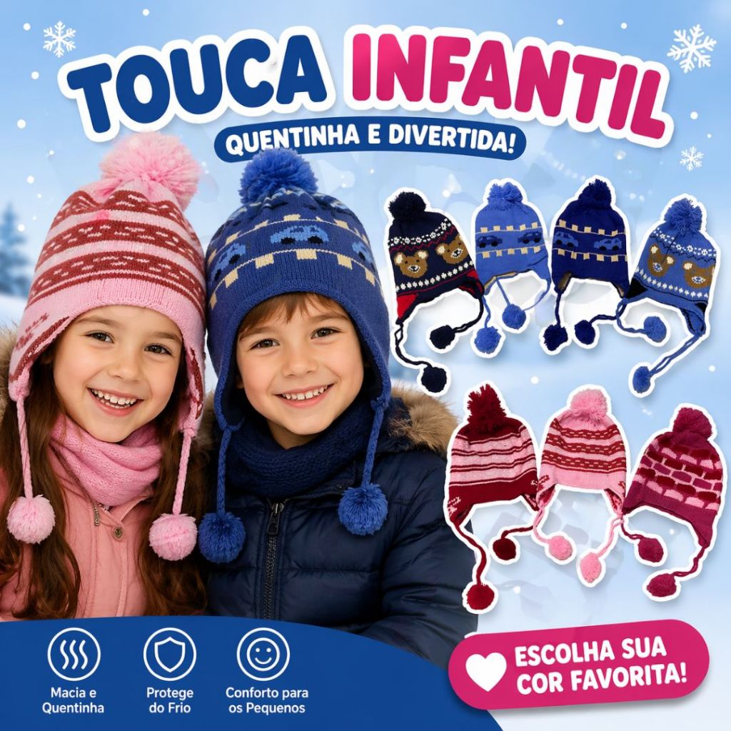 Touca de Bebê Infantil Gorro Peruano de Lã com protetor de Orelha Pompom Frio Inverno 0200