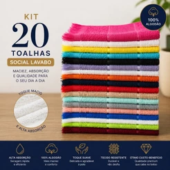 Kit 20 Toalhas Social Lavabo 21x30 Algodão Alta Absorção Macias Academia Toalhinha Lembrancinha