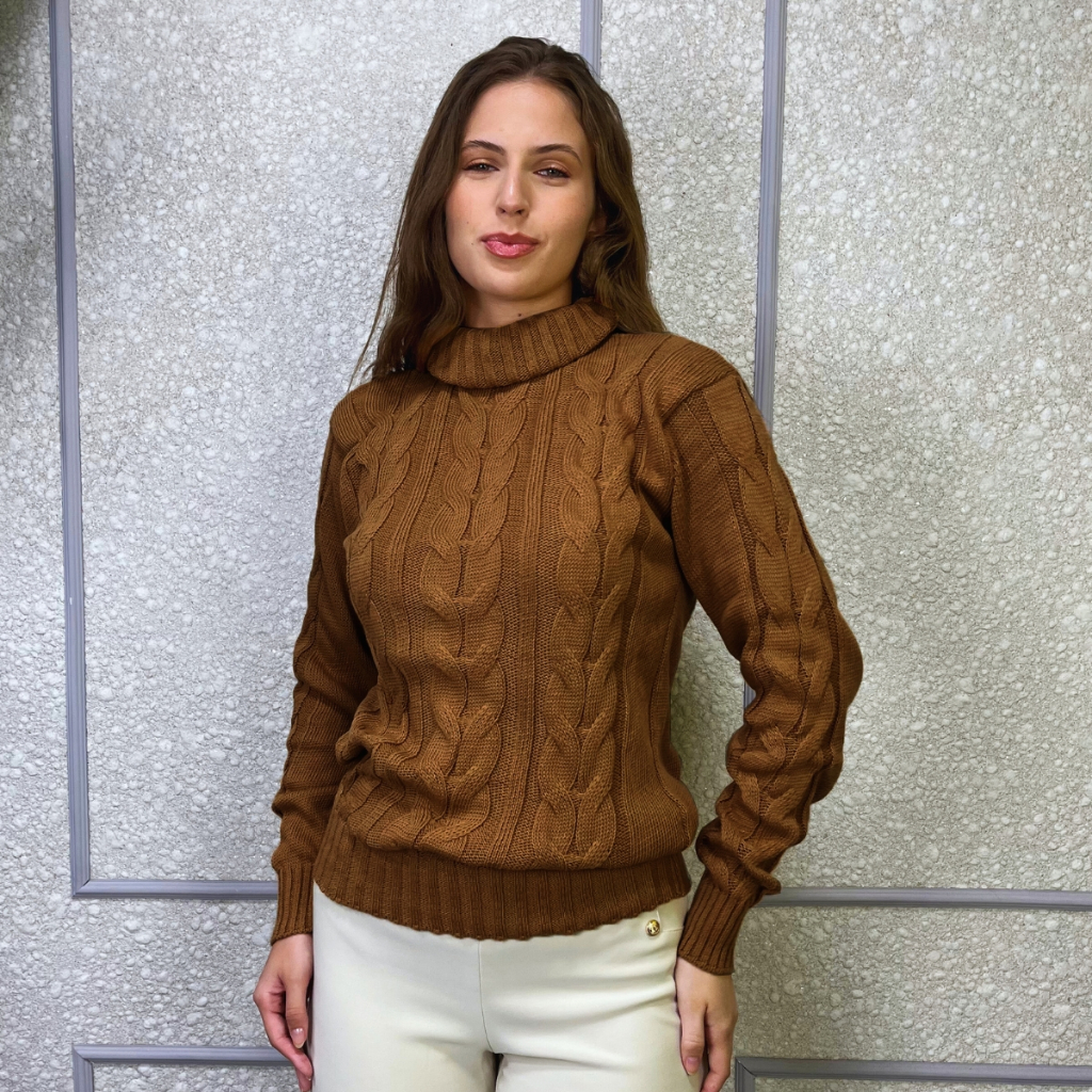 Blusa de Frio Feminina Tricô Manga Longa Cacharrel Suéter Gola Alta Inverno