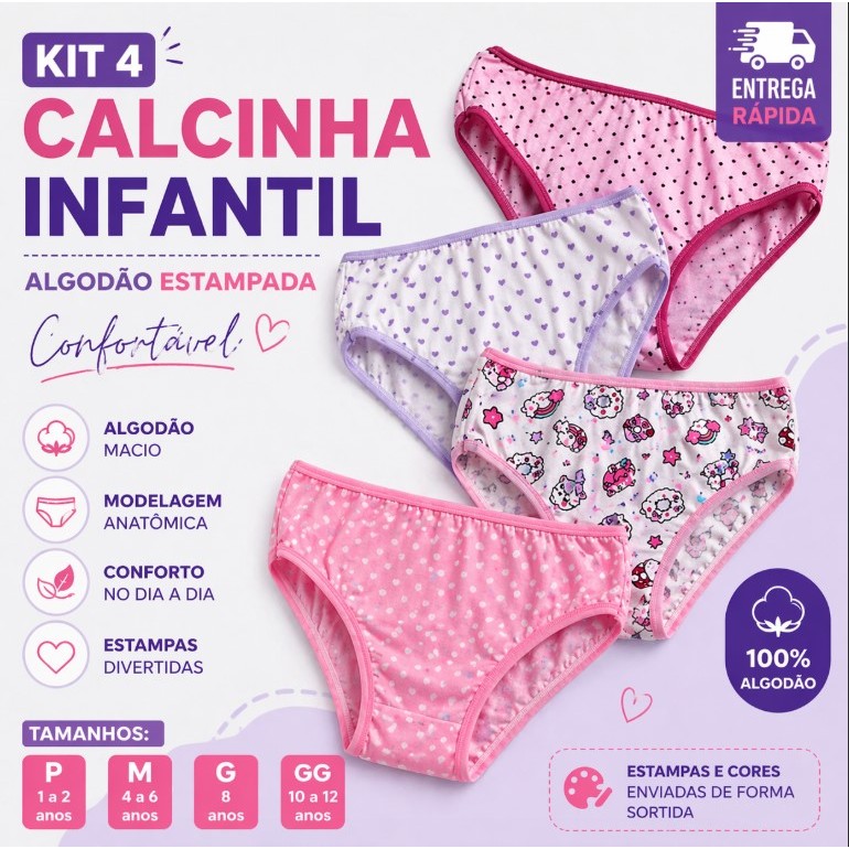 Kit 4 Calcinha Infantil Algodão Estampada Menina Confortável Anatômica Cores Sortidas