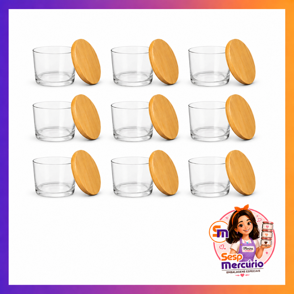 Kit Potes De Vidro Pate 150ml para Velas Artesanais Aromaticas Tampas Madeiras Nadir Figueiredo