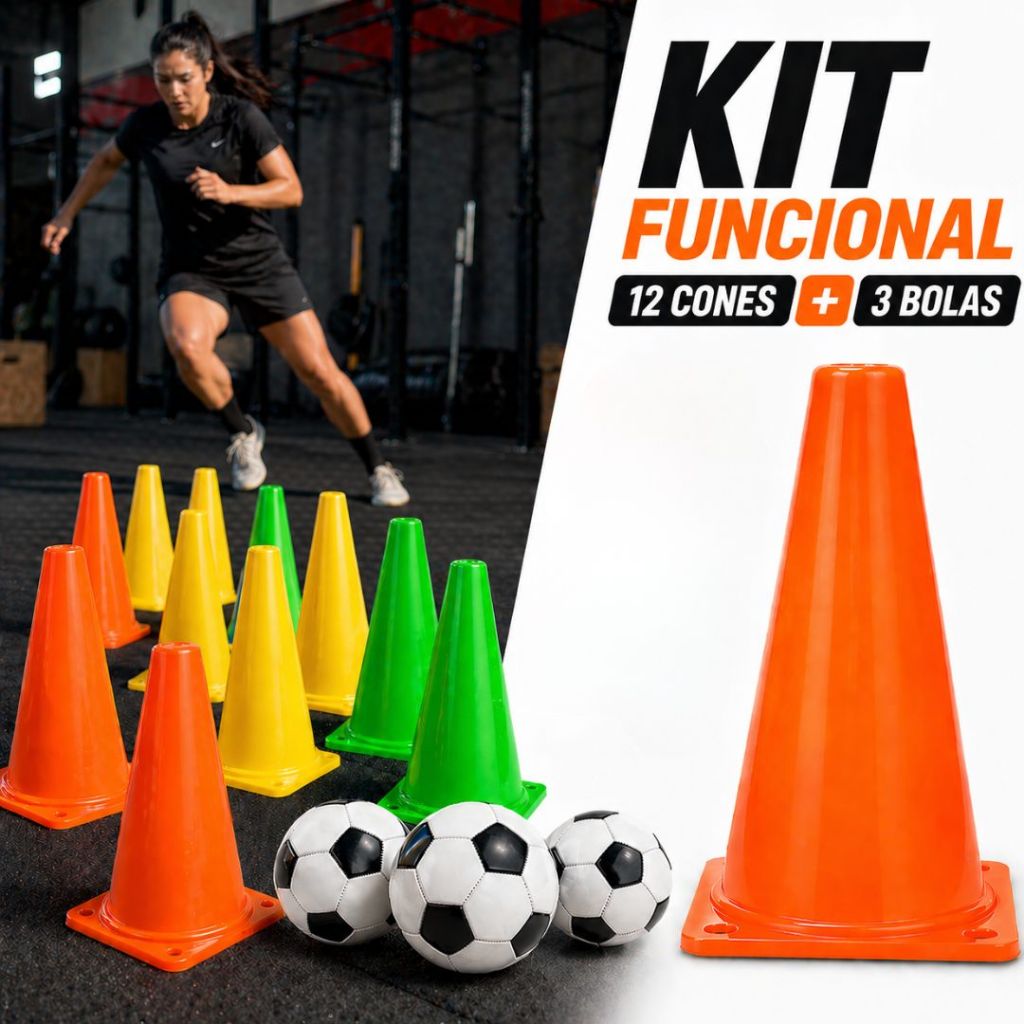 Kit Treinamento Funcional Agilidade 12 Cones + 2 Bolas para Treino Funcional Atividades Físicas