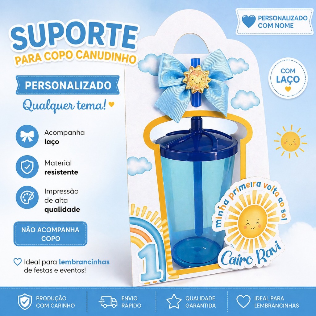 Suporte Personalizado para Copo Canudo Infantil | Lembrancinha Aniversário | Qualquer Tema Com Laço
