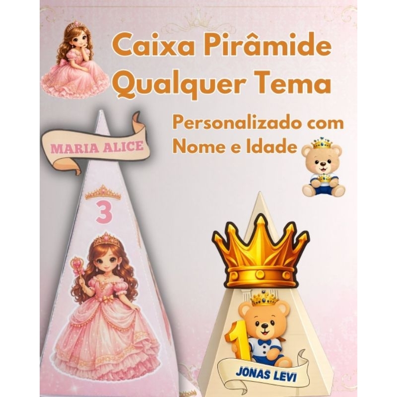 Caixa Pirâmide Lembrancinha Aniversário Infantil Personalizada Nome e Idade Papel Offset 180g Tema Livre