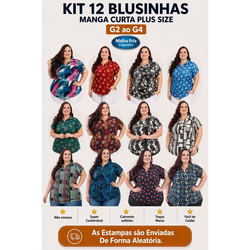Kit 12 Polos Plus Size Feminina G2 ao G4 Malha Fria Leve Confortável Roupa Feminina Barata Promoção Atacado