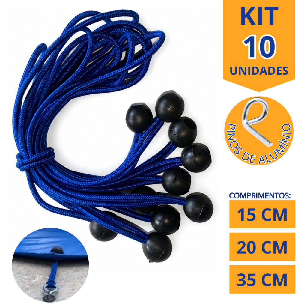 Kit 17 Elásticos com Bolinha Para Capa Lona de Piscina + Pinos de Alumínio (Esticador de Lona)