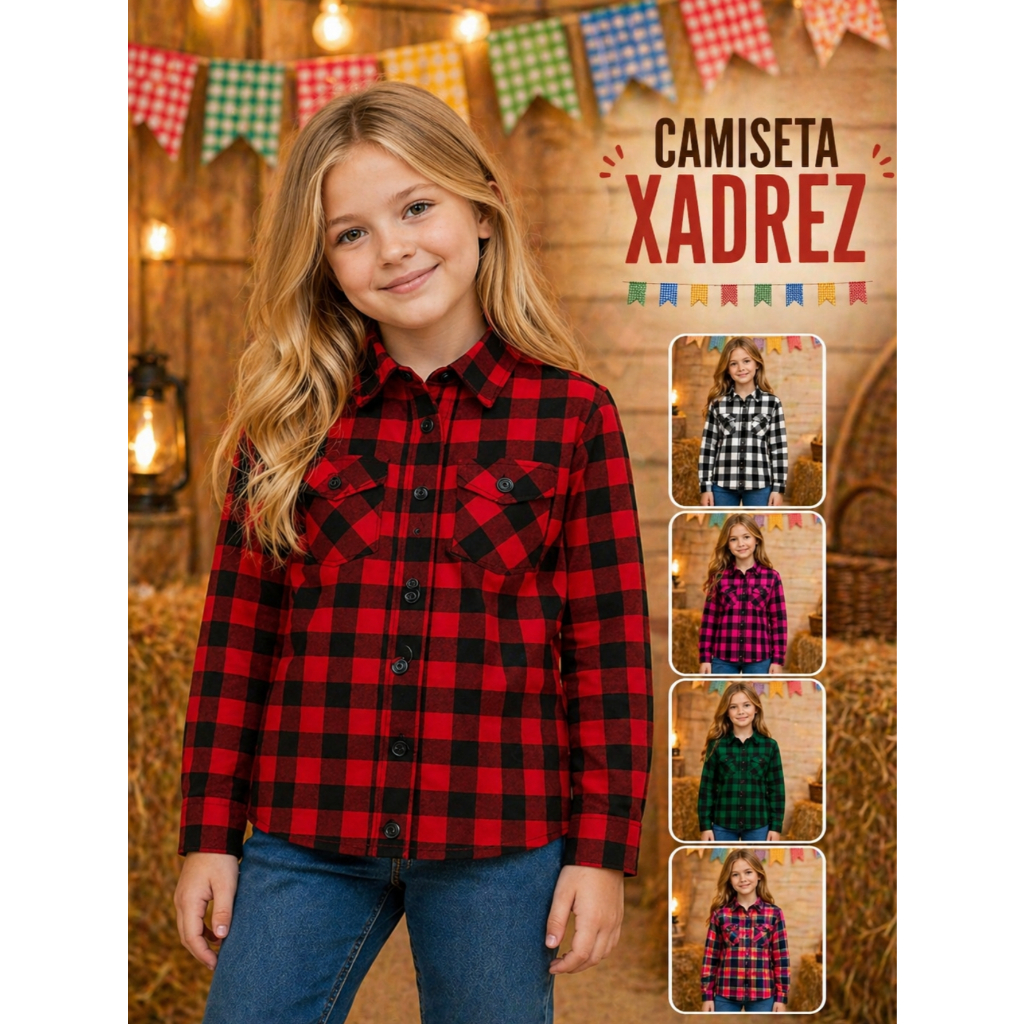 Camisa Xadrez Infantil Menina Manga Longa Festa Junina Julina Caipira