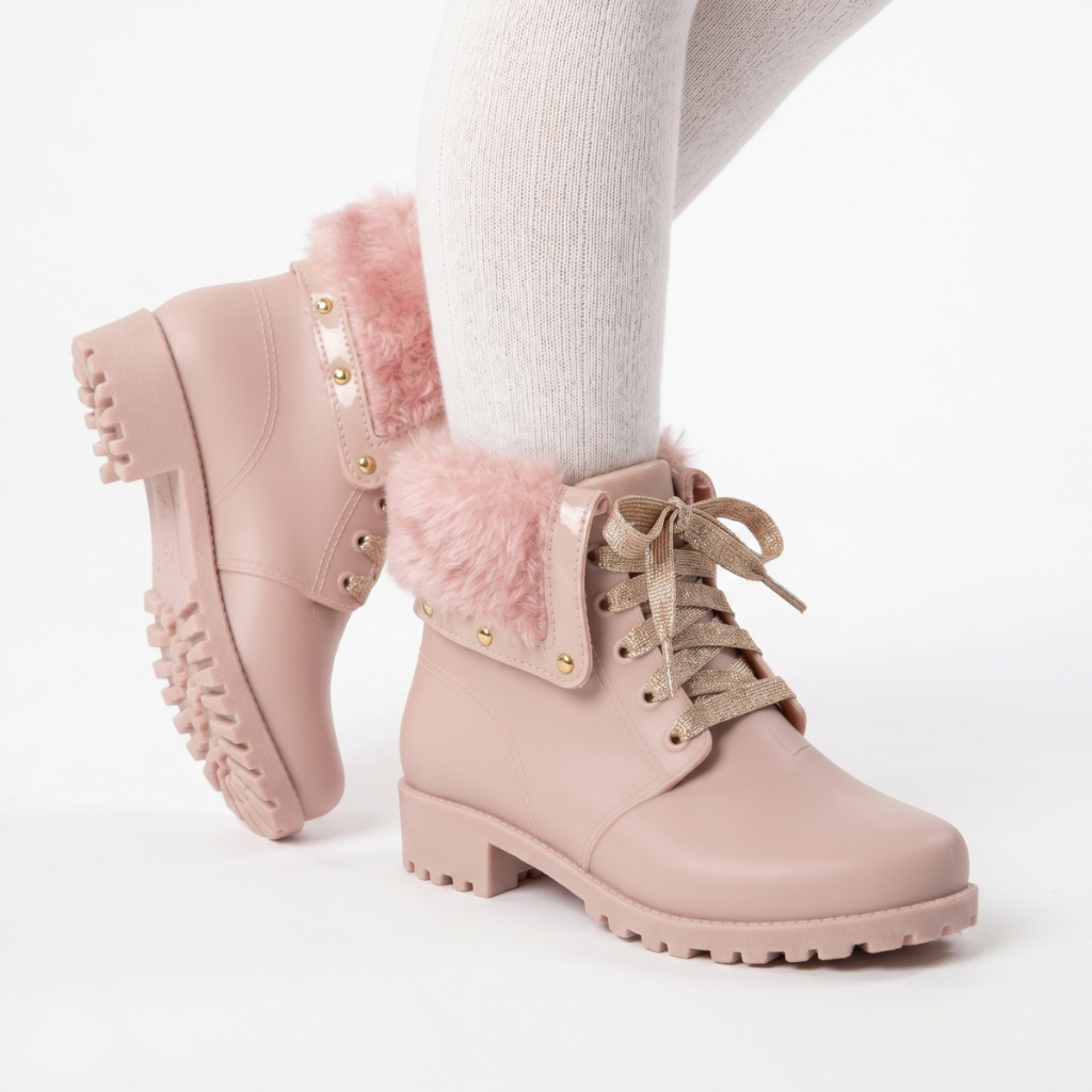 Bota Coturno Infantil Menina Emborrachado Pelúcia Ref 12112