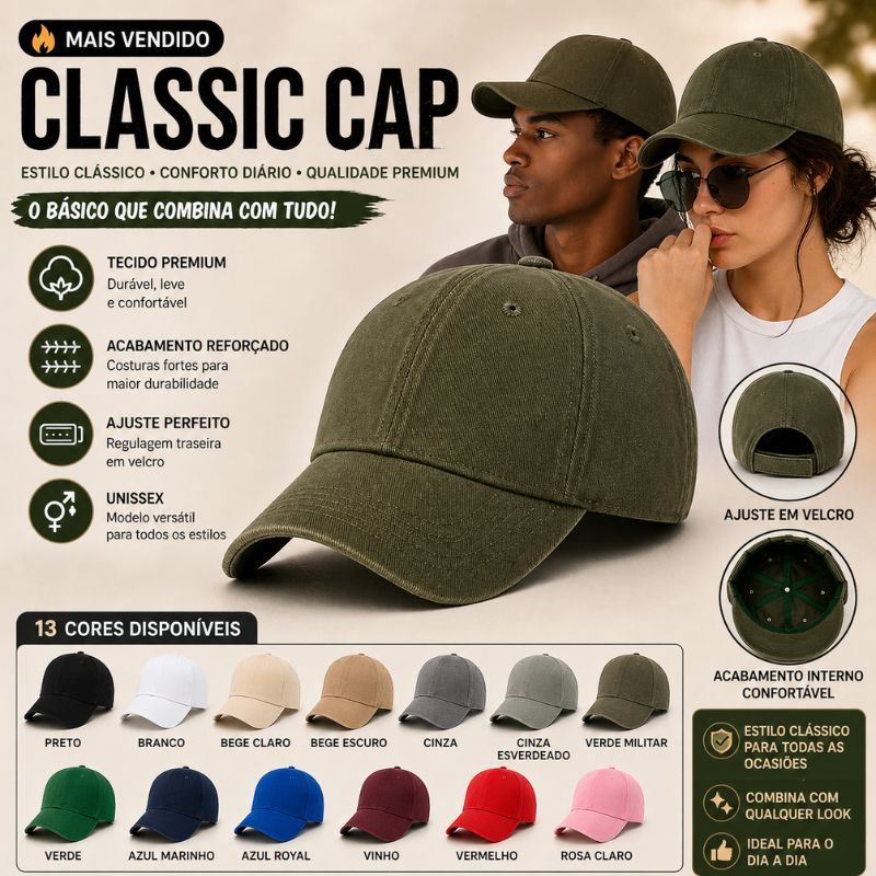 Boné Classic Cap Unissex Casual Snapback Aba Curva Velcro Ajustável Esportivo Dia a Dia