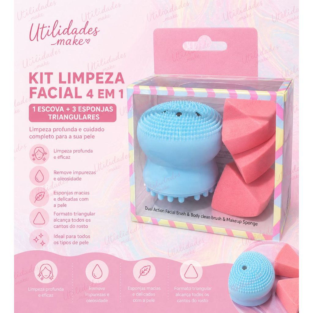 Kit Limpeza Facial Barato - 4 em 1 Escova Silicone Massageadora + 3 Esponjas Triangulares