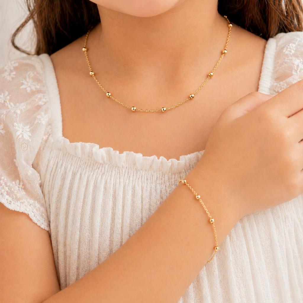 Detalhes do Conjunto Infantil Banhado a Ouro – Colar + Pulseira Delicados Antialérgicos com Fecho Lagosta