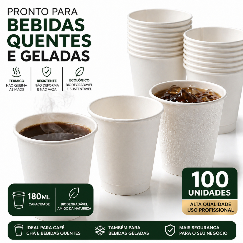 Imagem Copo Papel 180ml Descartável Biodegradável Branco 100un Bebida Quentes Resistente Térmico Ecológico