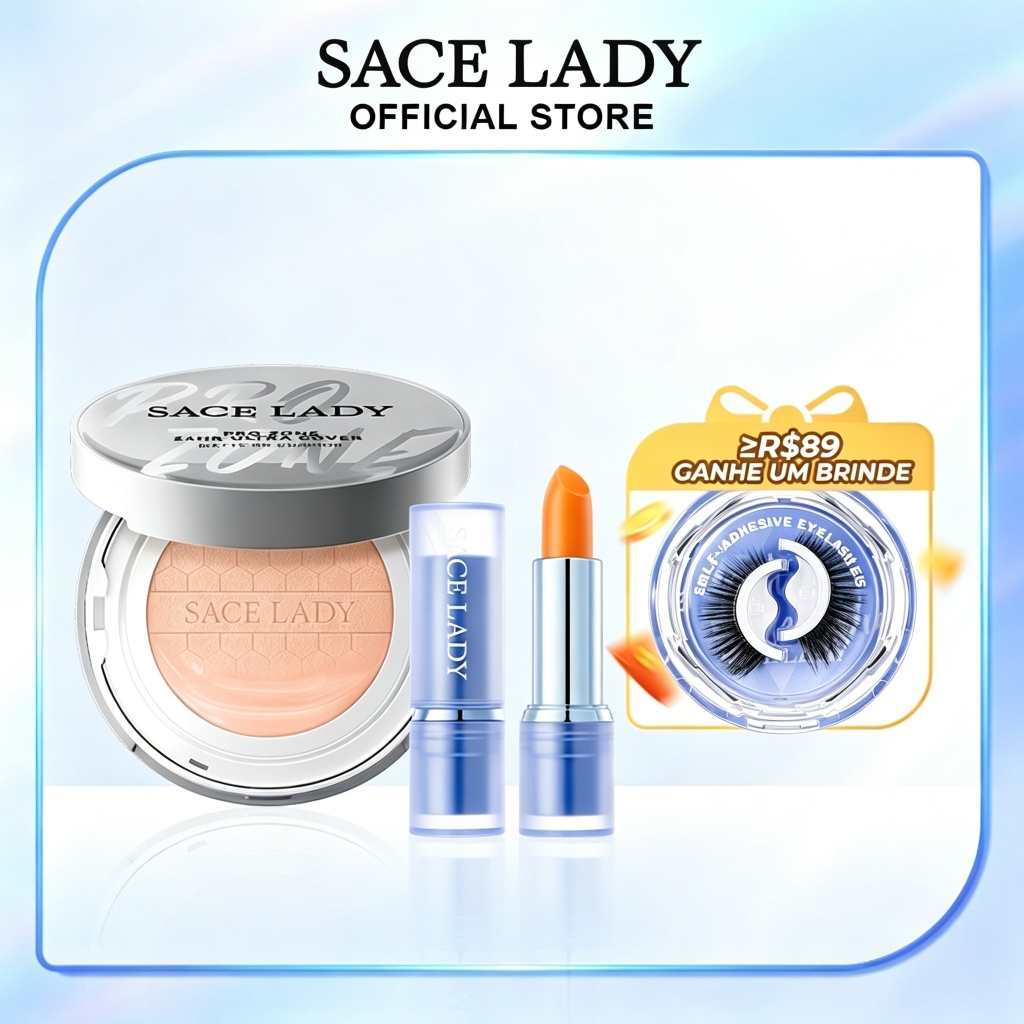 SACE LADY Base Líquida Cushion FPS 30 + Batom Mágico Hidratante Labial de Longa Duração com Brilho – Kit de Maquiagem