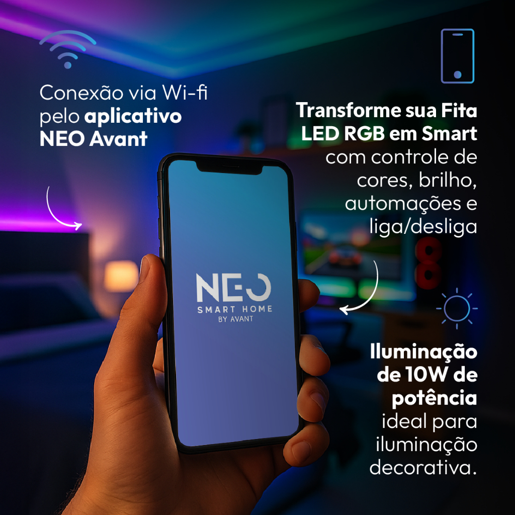 Fita Led Inteligente Wi-fi 2.4 GHz 10w 5 Metros Branco Quente, Neutro, frio ou RGB Colorido 12v Neo Avant · foto 2