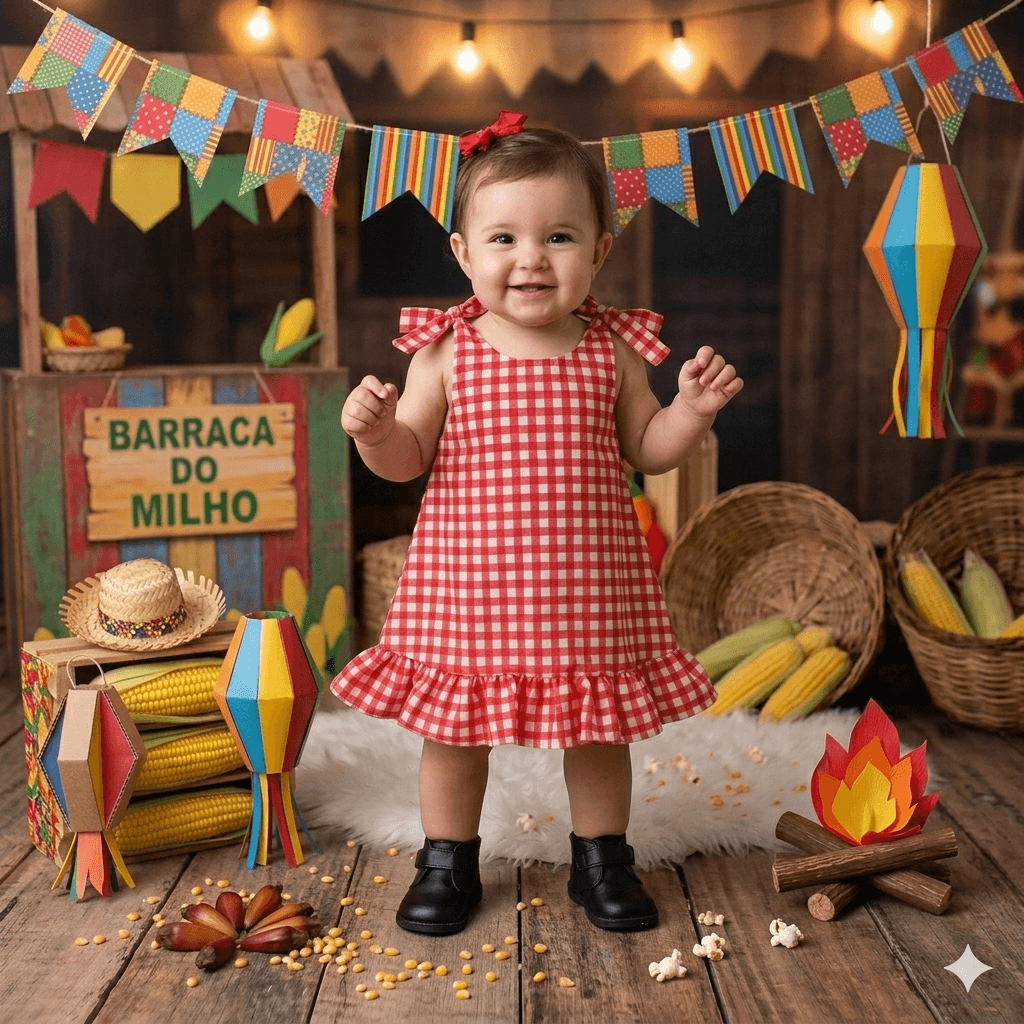 Vestido Festa Junina Infantil Xadrez com Babado