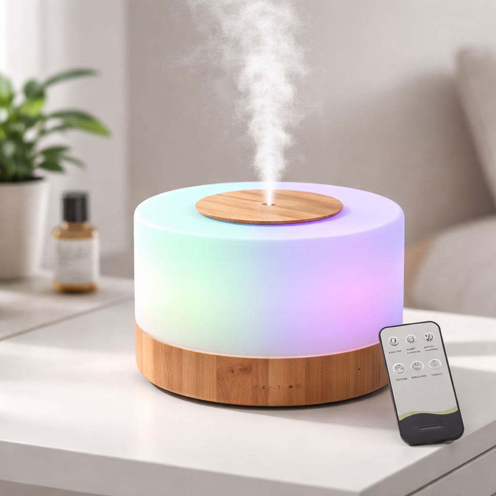 Difusor Aromático Umidificador Portátil 300ml com Luz LED 7 Cores e Controle Remoto + 1 Essência de Brinde