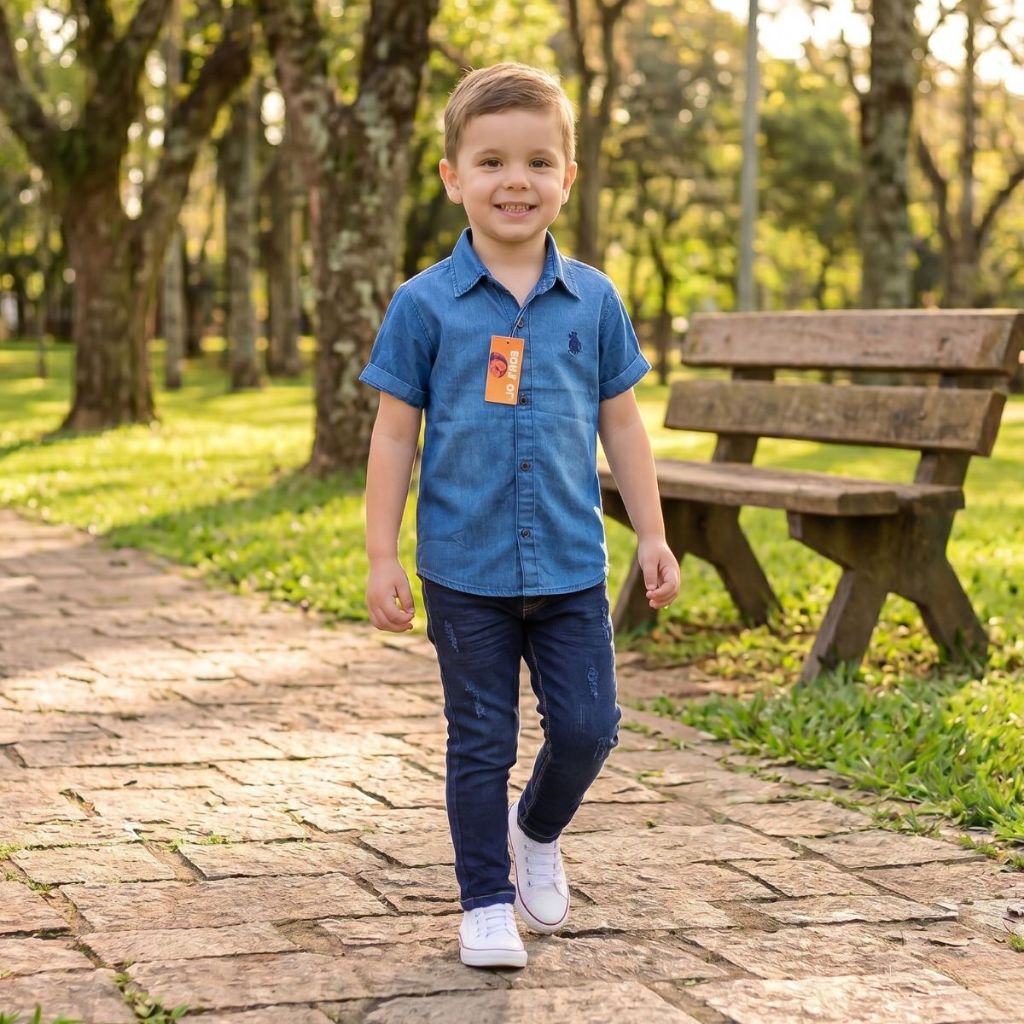kit camisa jeans manga curta e calça jeans skine com lycra tam 01 a 16 anos.