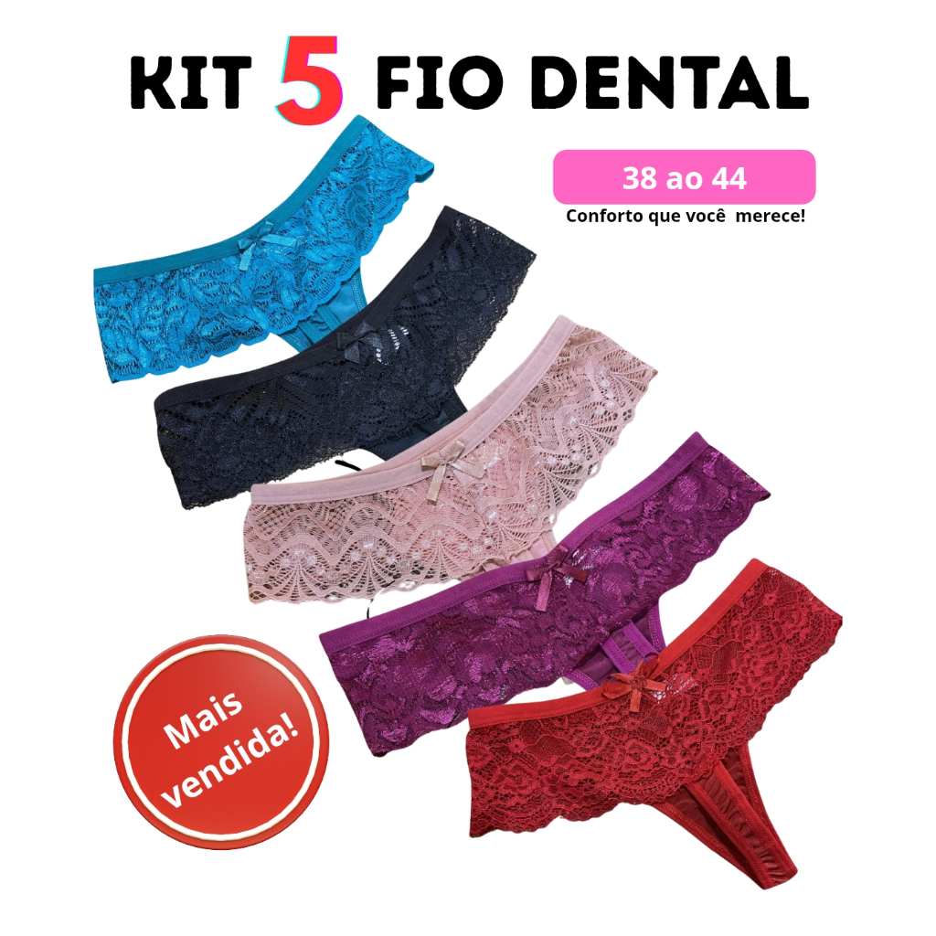 kit 5 Calcinhas Fio Dental Feminina Confortável Com Renda