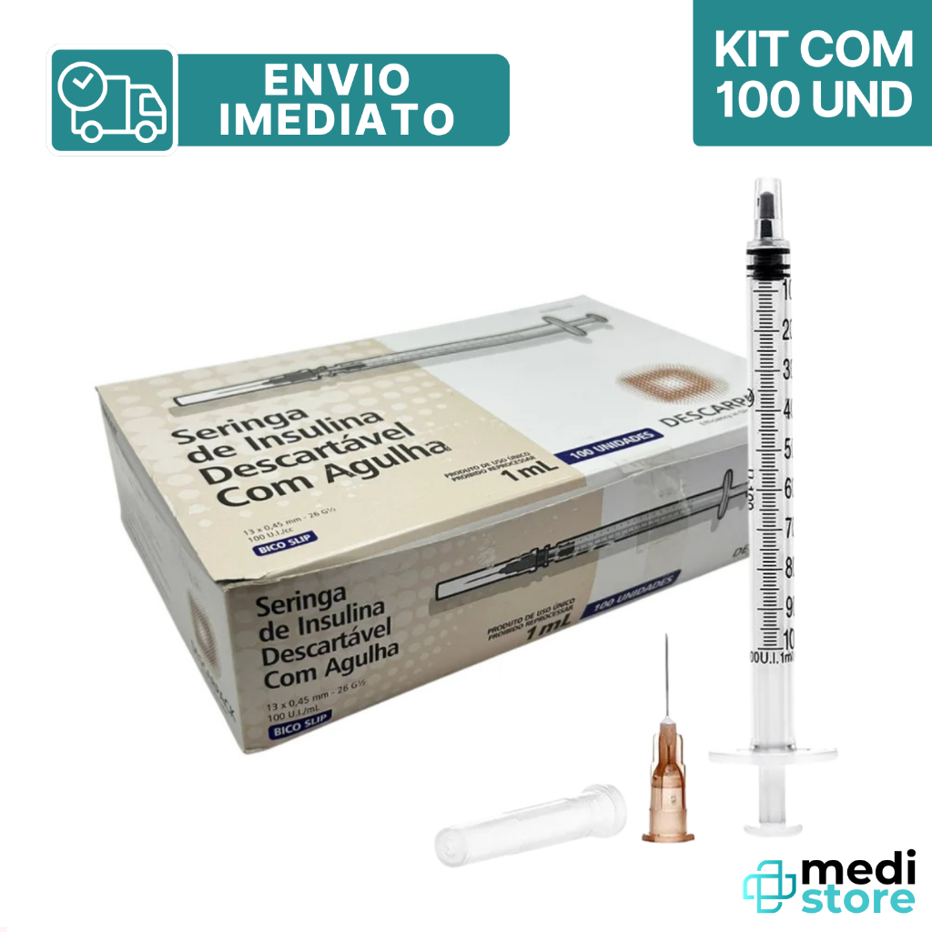 Kit com 100 - Seringa Insulina 1ml com Agulha 13x0,45mm 26g Descarpack - Envio Imediato