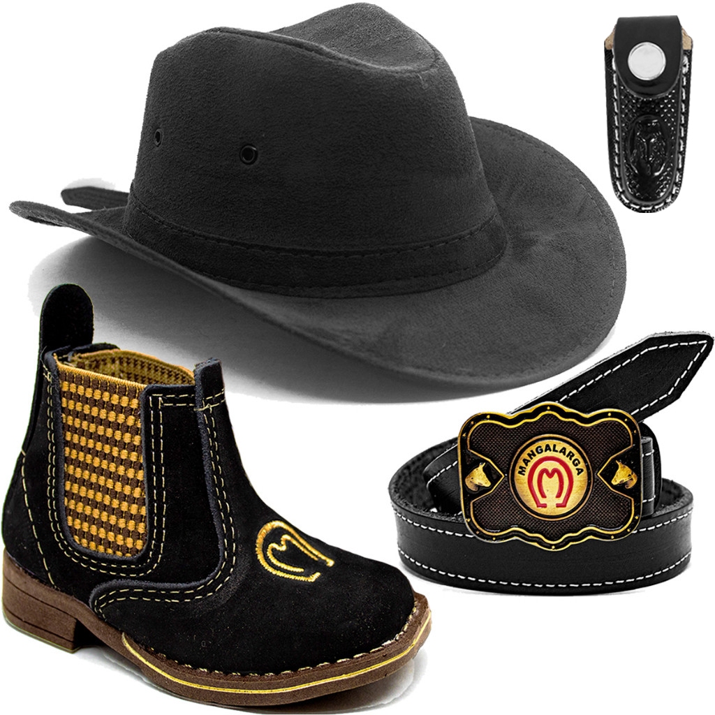 Kit Infantil Botina Country Chapeu Cinto Couro Fivela Mangalarga Bainha