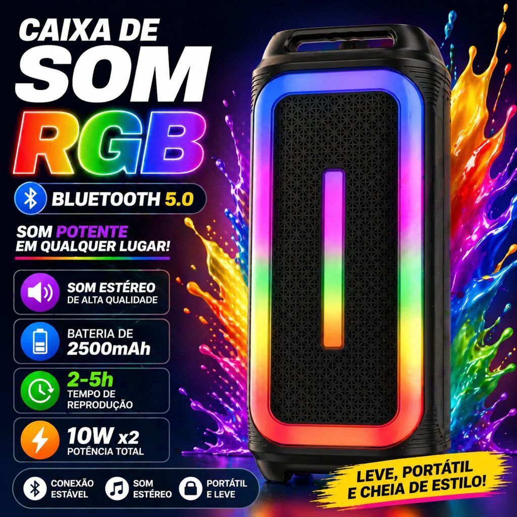Caixa de Som Bluetooth Com Led RGB Portátil Sing-E ZQS42102W Alto Potência 20W Bateria 2500mAh