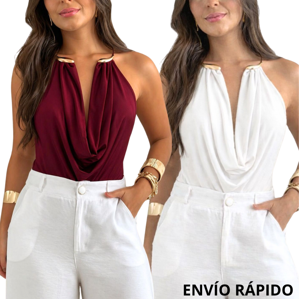 Body Feminino Suplex Premium com Argola Colar Luxo Elegante Casual
