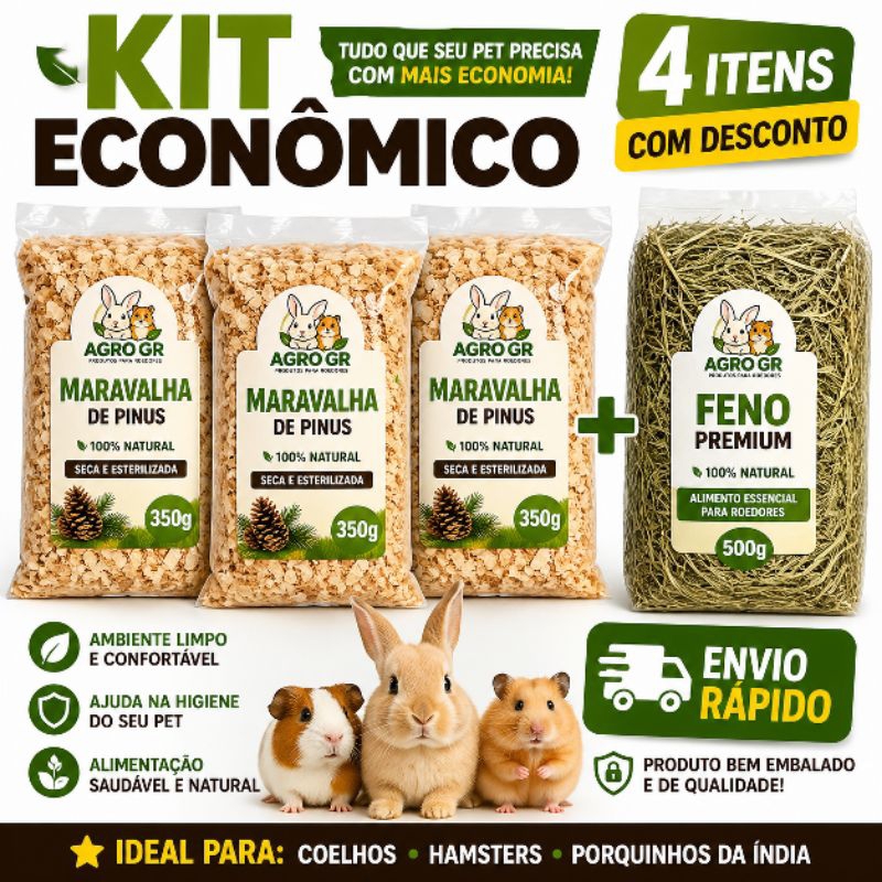 Kit Econômico Roedores 4 Itens – Maravalha Pinus 350g + Feno 500g | Coelho Hamster Porquinho da Índia