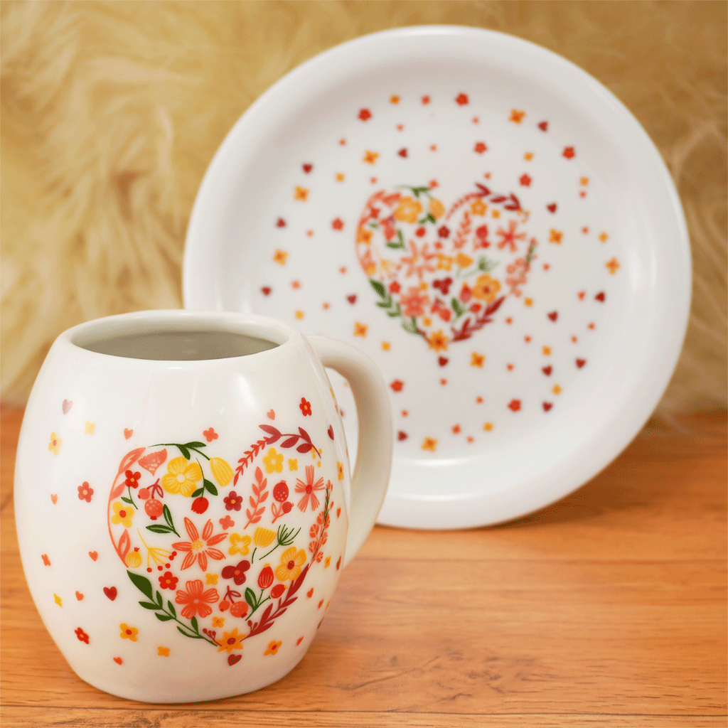 Kit Caneca Bojuda 410ml + Prato de Sobremesa Porcelana Decorado 19cm Mãe Especial