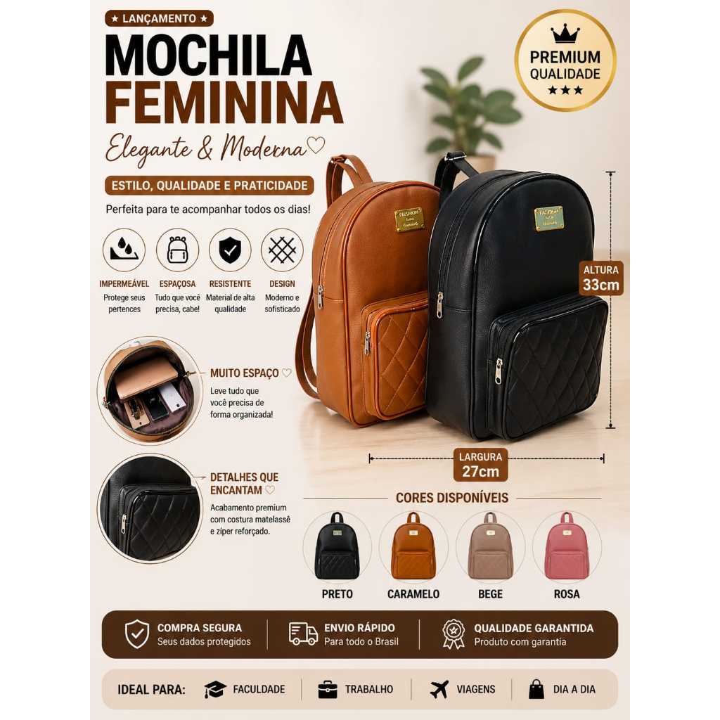 Mochila feminina Impermeável Luxo Couro Sintetico Grande, Moderna, Faculdade/Trabalho 2026