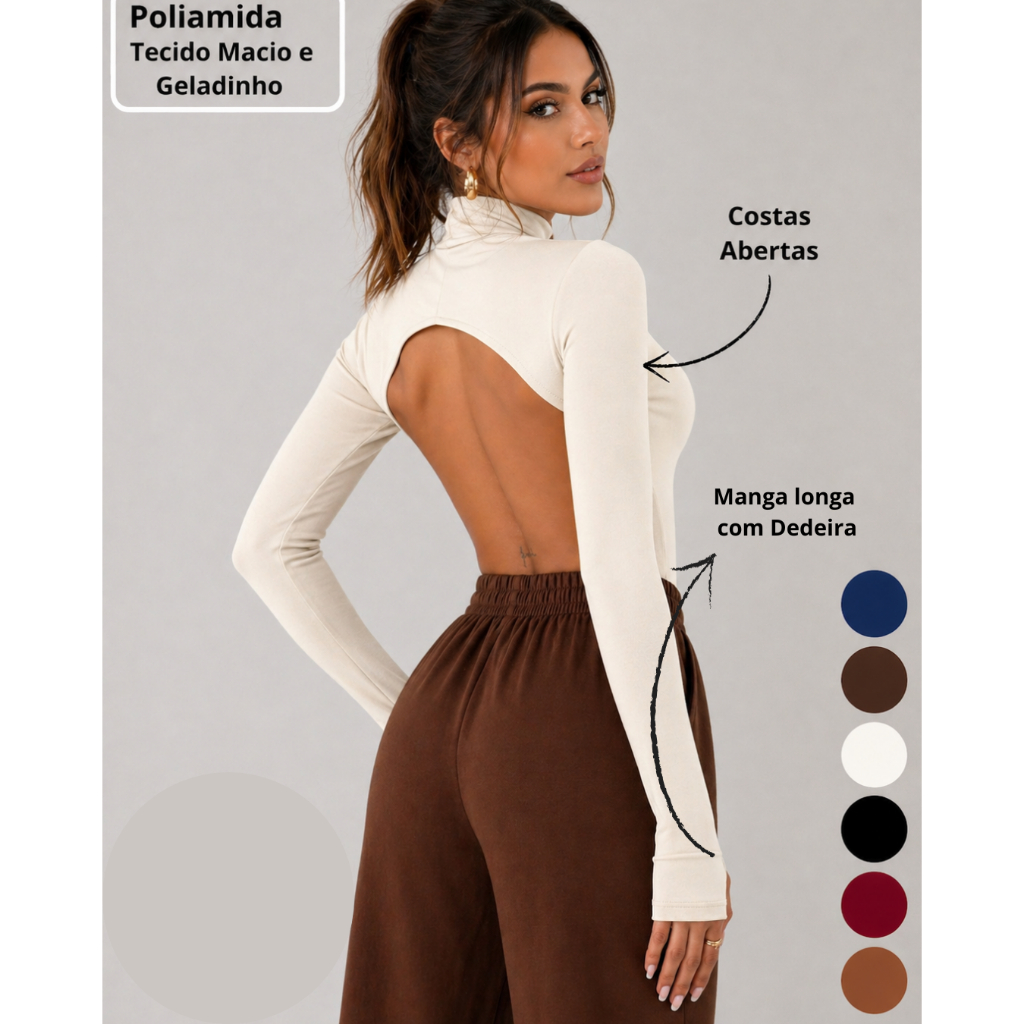 Bory Body Feminino Gringo Poliamida Premium  | Manga Longa luva | Costas Abertas | Gola