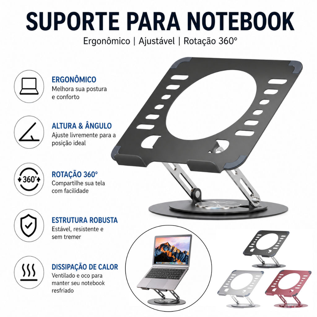 Suporte para Notebook Ajustável 360° Ergonômico Dobrável Alumínio Antiderrapante Dissipação de Calor