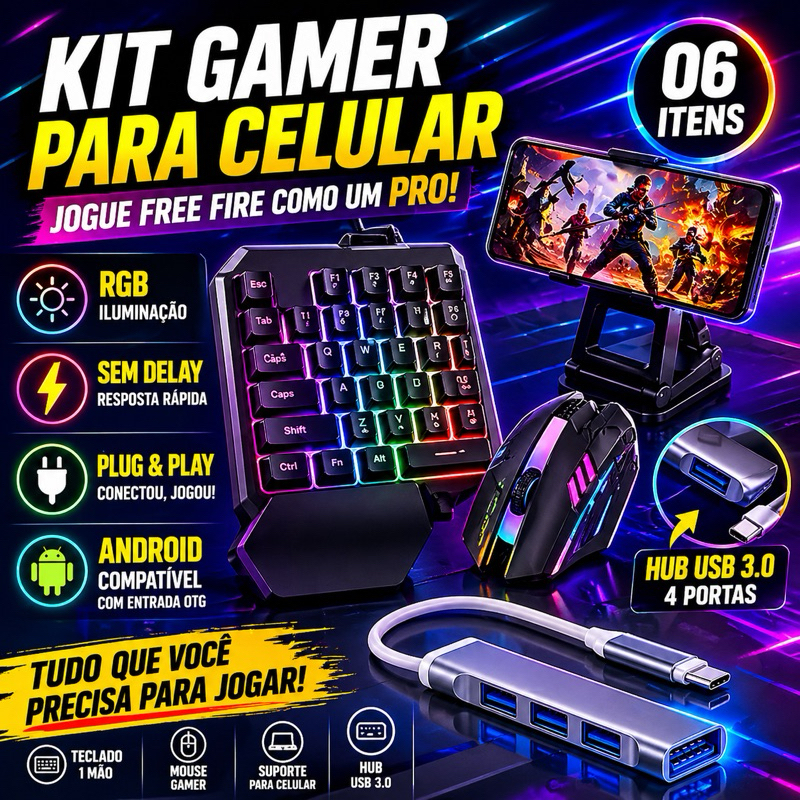 Kit 3.0 Mobilador Gamer Completo One Hand Uma Mao Otg Tipo C / V8 Para Celura / Ps4 / Notebook /Computador