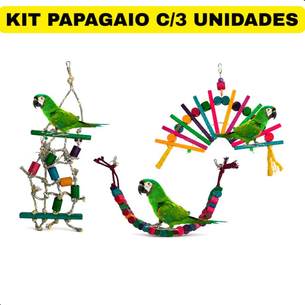 Kit Brinquedo de Madeira Para Papagaio Com 2 ou 3 Unidades