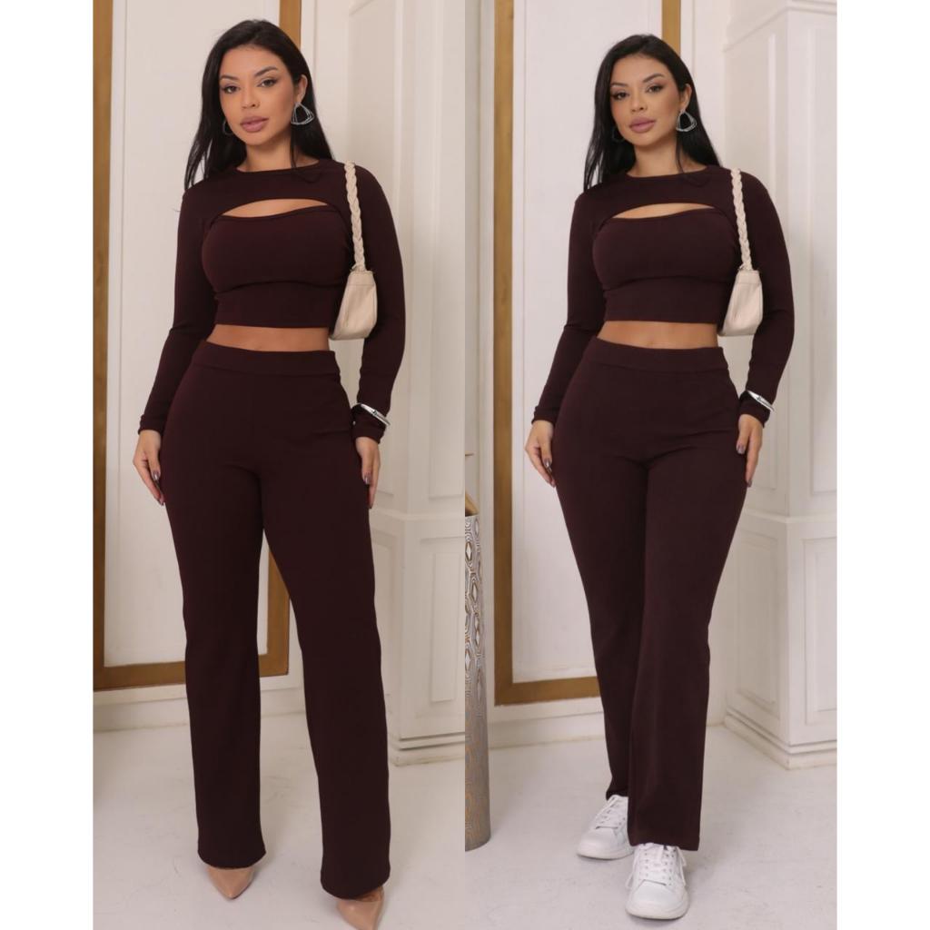 Conjunto Feminino Calça Cropped Abertura no Busto Manga Longa Frio Inverno Canelado  P M G GG
