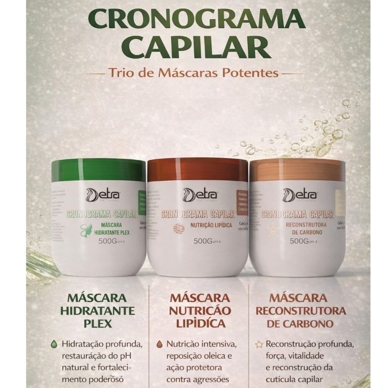Kit 3 Máscaras Cronograma Capilar Hidratação Nutrição e Reconstrução Profunda 500ml Detra Hair Tratamento