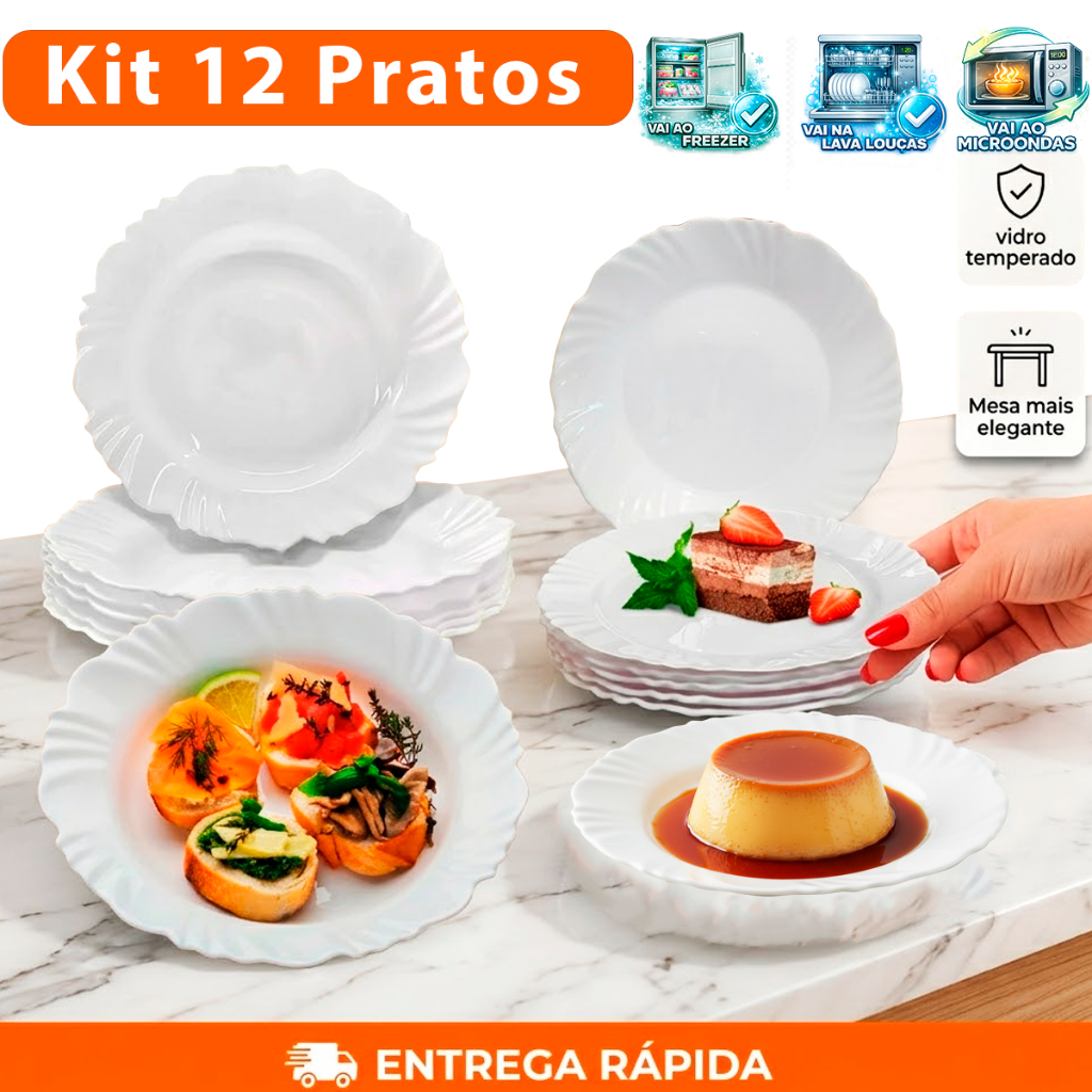 Kit jogo 12 Pratos Petala Branco Opaline vidro sendo: 6 Pratos Fundo 25cm + 06 Peças Prato Sobremesa