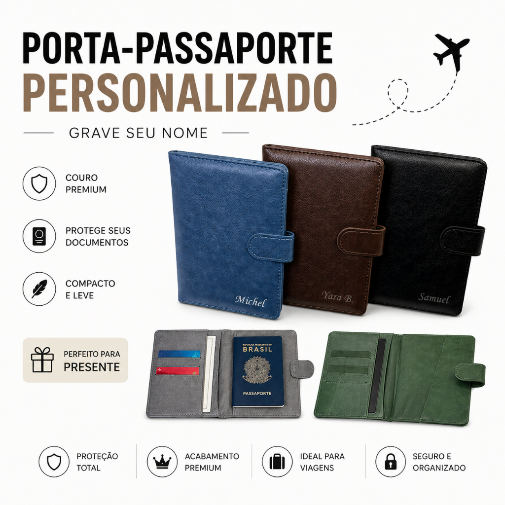 Porta Passaporte Personalizado Couro Premium Com Nome Viagem Documento Organizador